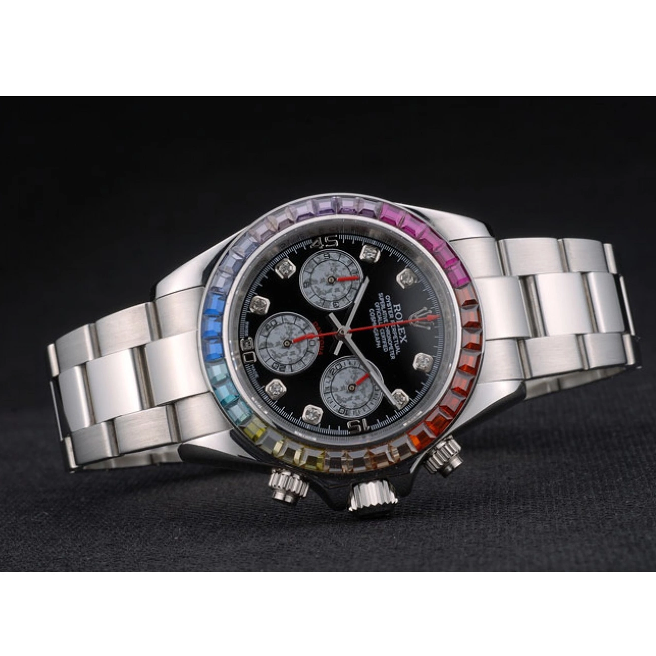 Aaa replica watch Daytona Stainless Bezel Rolex Strap Dial Cosmograph 80250 Crystals Black Rainbow Steep 0612
